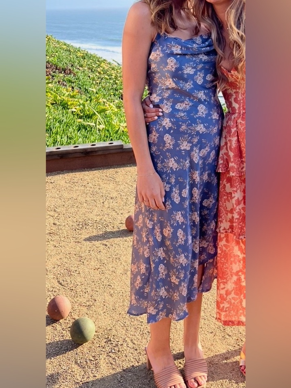 ASTR Gaia Blue Floral Midi Dress with Cream Blossoms